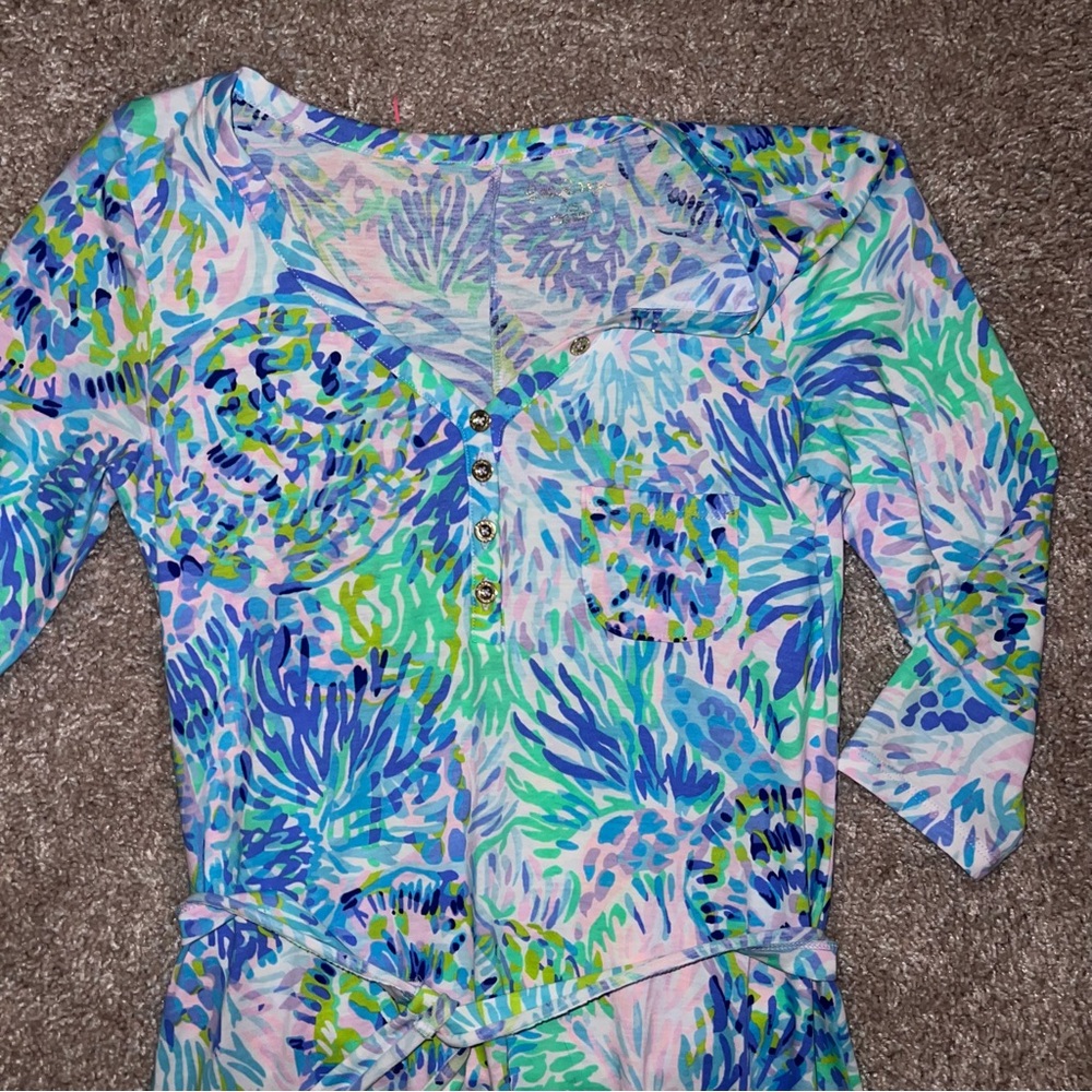 Lilly Pulitzer V-Neck Midi Dress - Waist Tie, White with Blue & Green Pattern - Picture 2 of 5